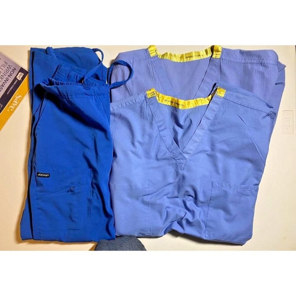 Womens Small Blue Scrub Set of 2 Tops and 1 pair of Jockey Bottoms